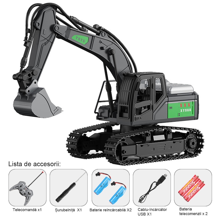 Играчка багер с дистанционно управление, с 2 акумулаторни батерии, метална кофа, копае, движи се, връща се назад и се обръща, сив/черен