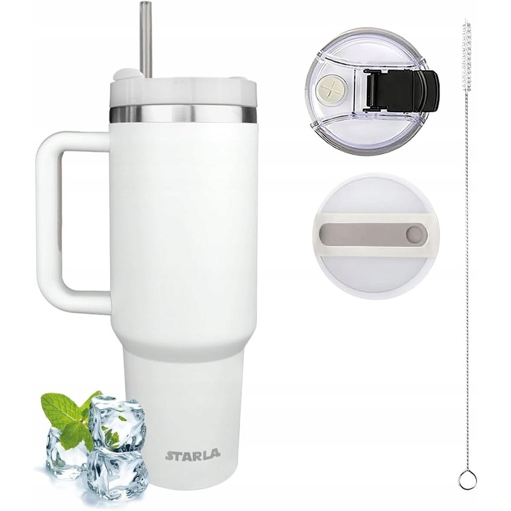 Cana termos cu palnie și capac, 1200ml, alb, design ergonomic