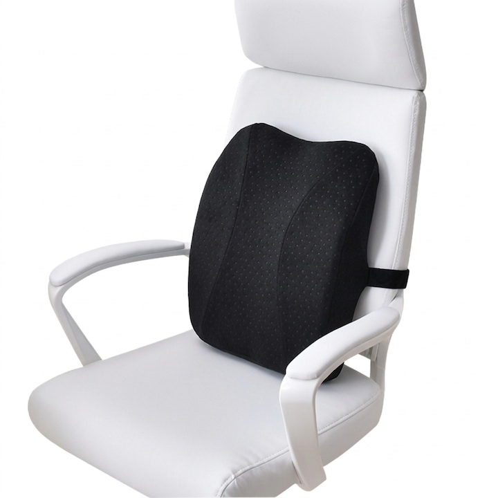 Perna Lombara Mare, GEOMATAN®, pentru scaun de birou sau masina, Spuma cu memorie, Ergonomica, Previne durerea, Suport pentru tot spatele si dimensiune ideala 42x35x8 cm, Husa din catifea moale, Negru velvet