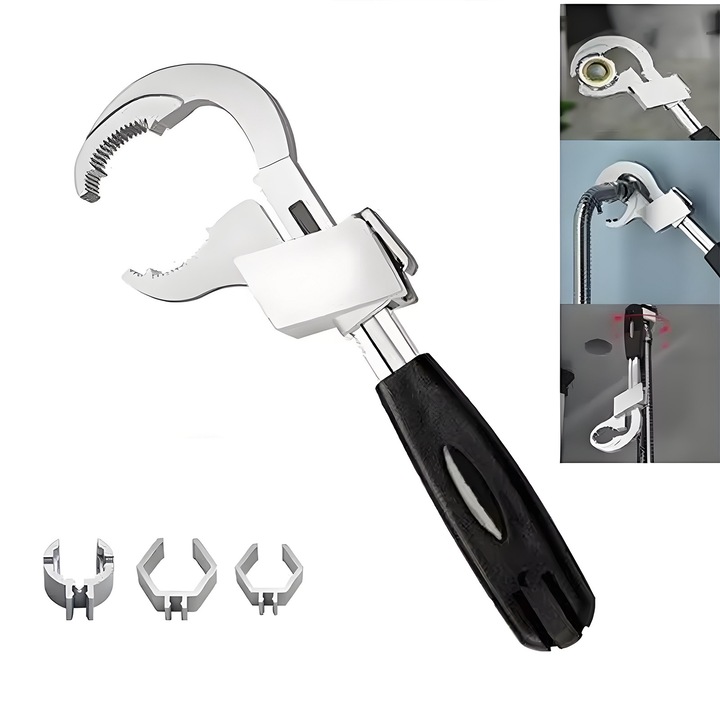 Cheie multifunctionala 4 in 1 Asskanaer, design antiderapant, deschidere mare, argintiu, 27cm