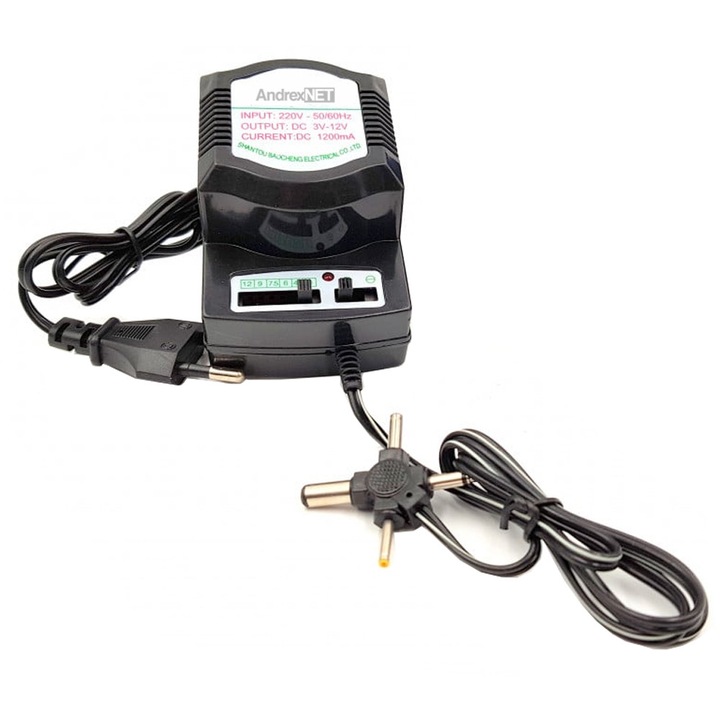 Alimentator reglabil 3-12V 1.2A, alimentare priza 220V, iesire mufe DC, negru