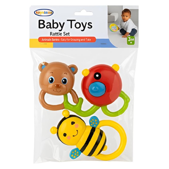 Csörgőjáték készlet babáknak, 3 darabos, 23x21 cm, élénk színek, 3+ hónap