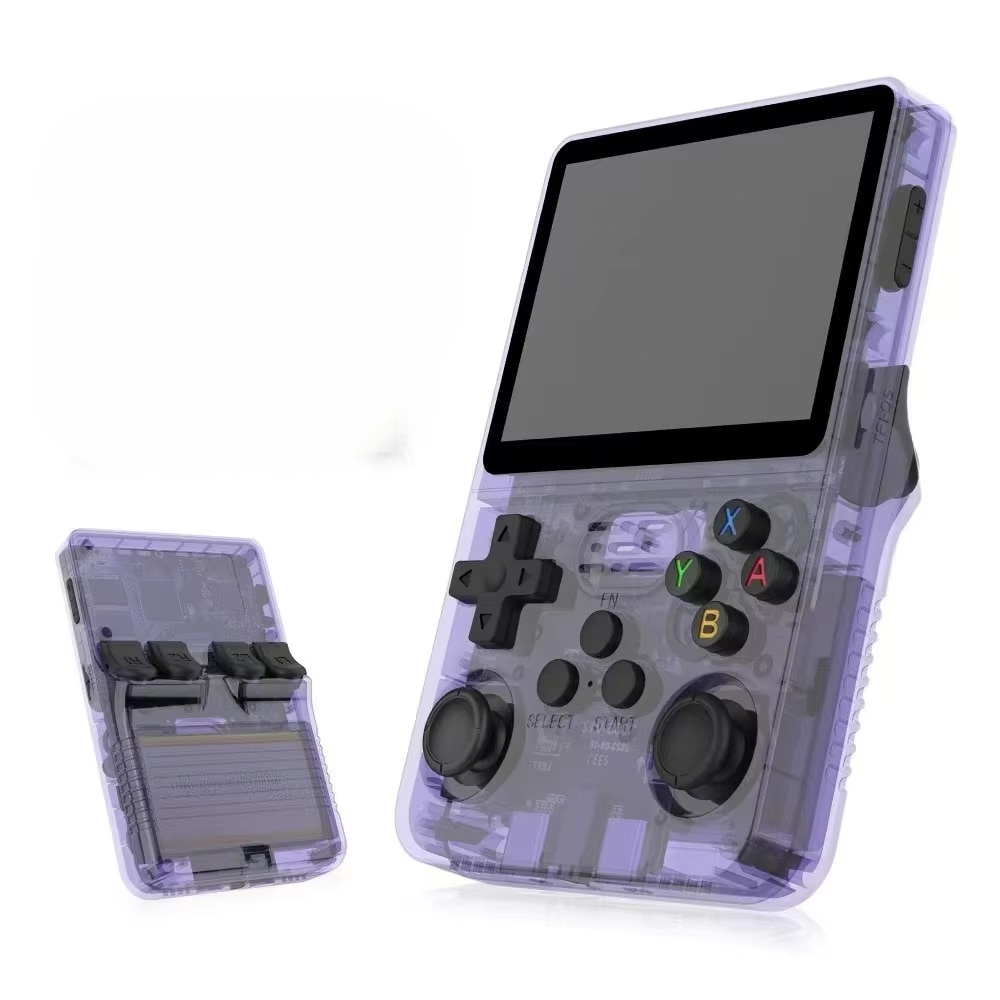 Consola de jocuri portabila retro cu ecran de protectie a ochilor, corp semitransparent violet, consola de jocuri retro portabila si mai multe jocuri clasice incorporate
