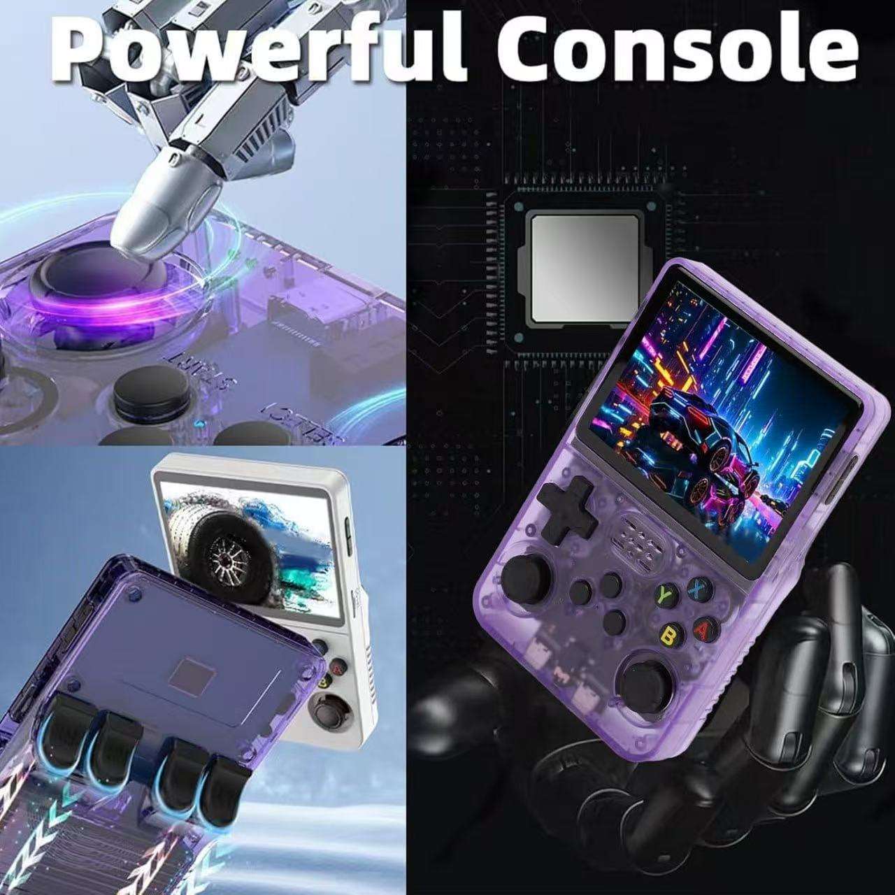Consola de jocuri portabila retro cu ecran de protectie a ochilor, corp semitransparent violet, consola de jocuri retro portabila si mai multe jocuri clasice incorporate