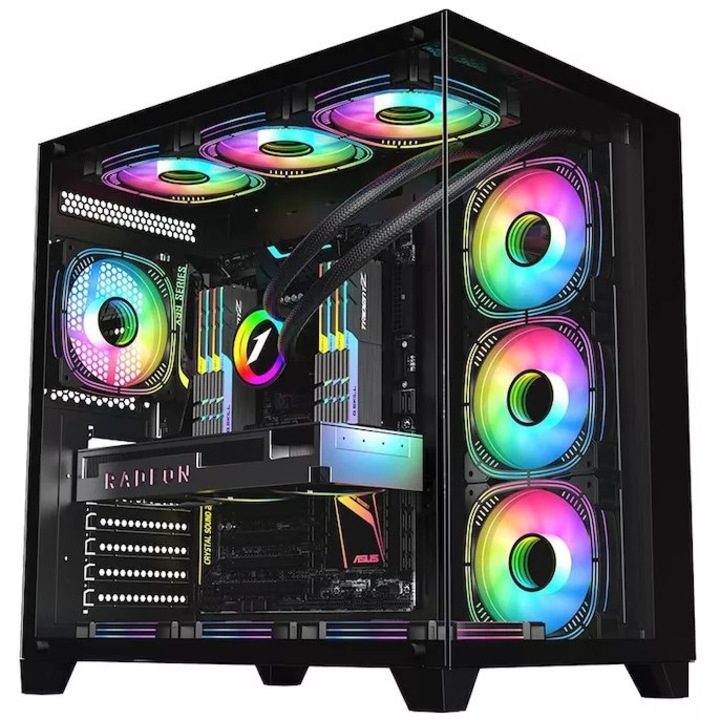 Carcasa acvariu 1STPLAYER Gaming MV8 Cube Tower ATX Negru 7 ARGB Fans + Controller