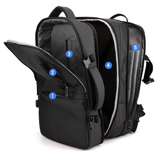 Rucsac de calatorie, rucsac multifunctional, geanta pentru laptop, port USB, material impermeabil, poate gazdui un laptop de 16 inch, Poate fi deschis la 90 de grade pentru a depozita haine si diverse accesorii,45x30x20cm, negru