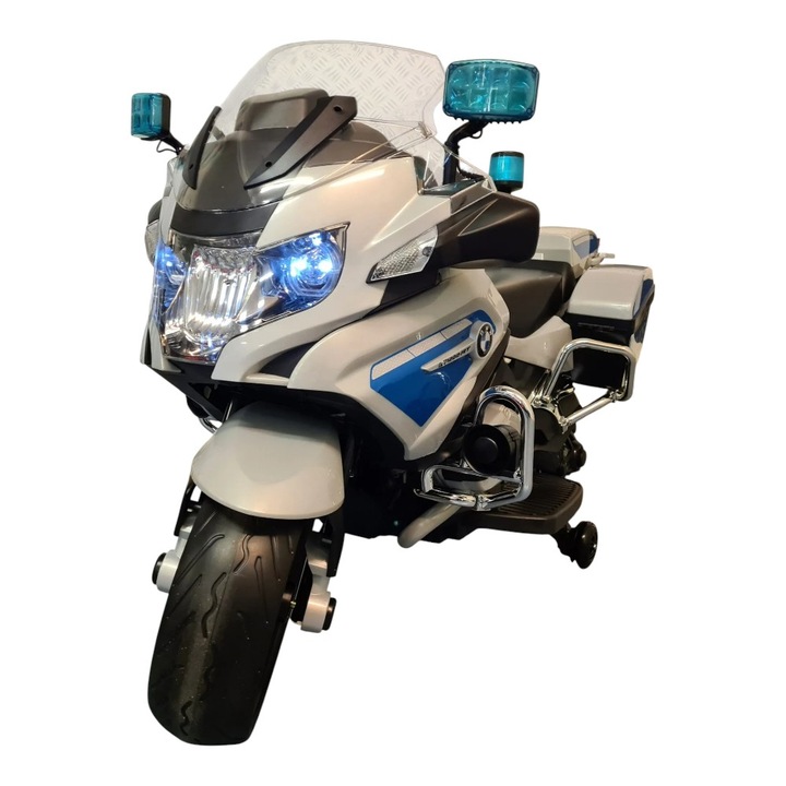 Motocicleta electrica de politie cu licenta BMW R1200, pentru o persoana, Albastru/Alb 12V, Sunete/Muzica, MP3, Lumini, Roti laterale, 124x47x75 cm
