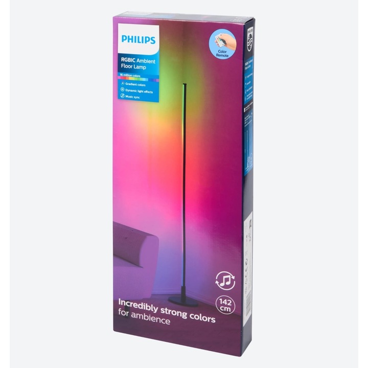 Lampadar LED RGBIC Philips 142 cm, 13 moduri de lumina, telecomanda, efect gradient, iluminare ambient