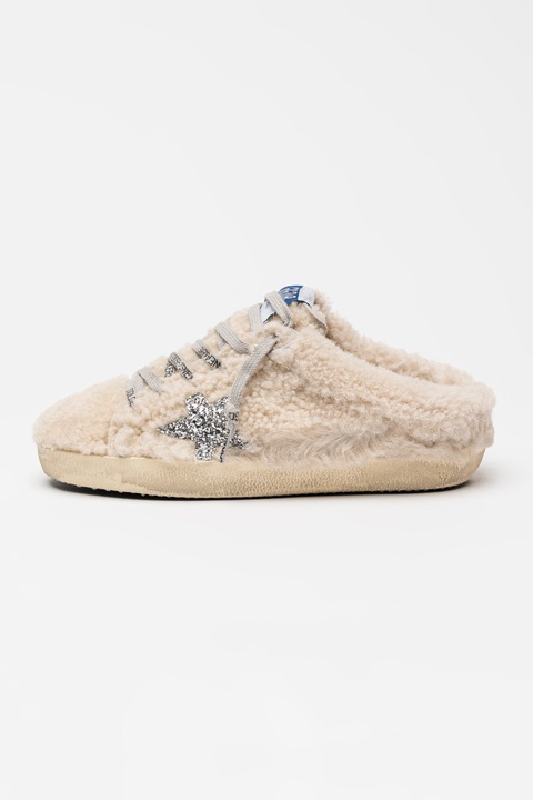 GOLDEN GOOSE, Saboti din blana shearling Super Star cu aplicatie cu stea stralucitoare, Crem