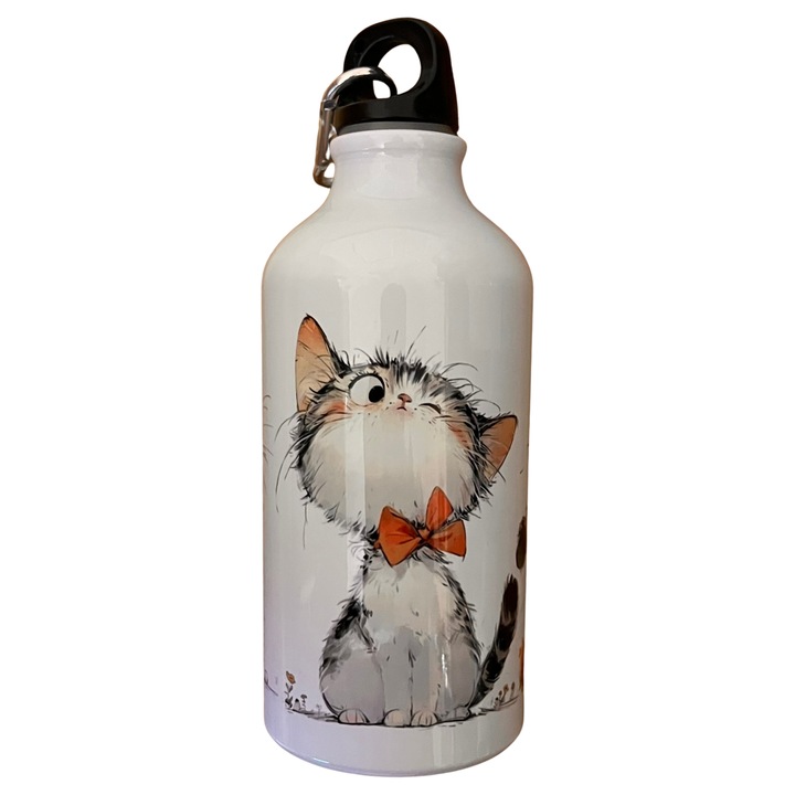 Sport fém kulacs, fehér, 500ml, vicces macskák modell
