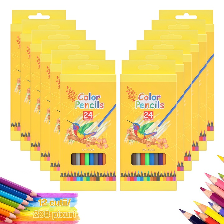 Set 288 buc Creioane colorate, Wacorresi®, profesionale, culori vii, pentru pictat si desen， 1 cutie cu 24 Creioane colorate, 12 cutii dintr-un set, multicolor