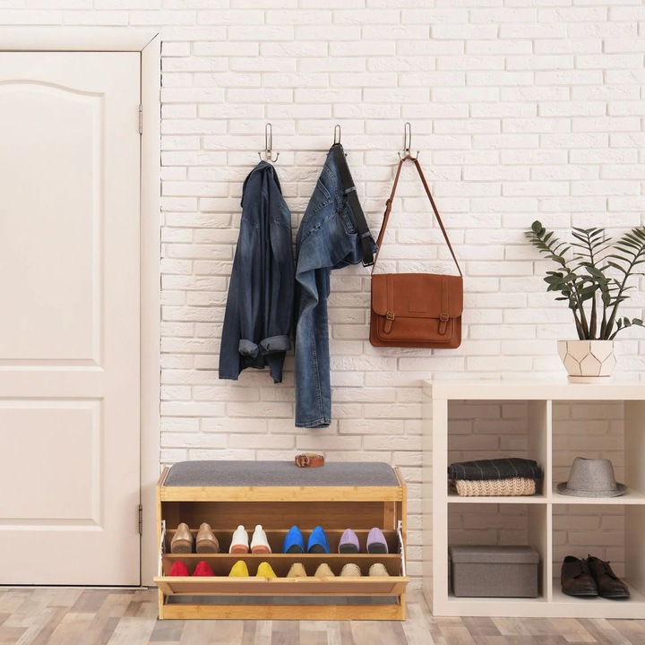 Cipőtároló pad, Northix, bambusz, párnázott ülőfelület, 8 pár kapacitás