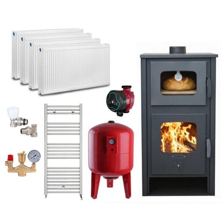 Pachet termosoba pe lemn Termax Robot Special, 24.43 kW, cuptor integrat, randament 85.10%, 155 m² + Calorifere si Robineti Tur/Retur + Pompa recirculare + Vas expansiune