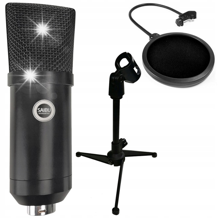 Microfon USB SAIBU MU-1, cu stativ pentru birou KH12 si POP filtr PS1, negru