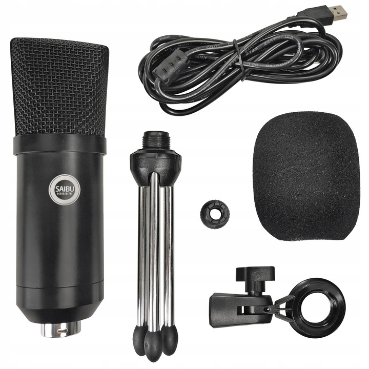 Microfon USB Saibu MU-1, tip studio, caracteristica cardioidala, negru, set complet
