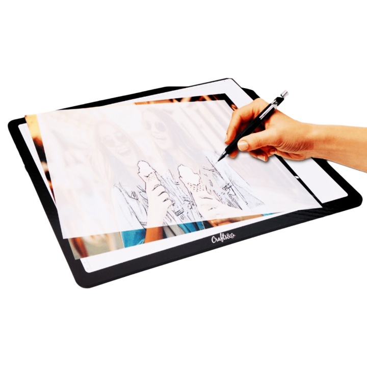 Masa luminoasa LED tip tableta, profesionala, pentru grafica, tatuaje, proiecte de santier, A3 cu rigla integrata, 3 moduri de lumina si 6 niveluri de intensitate, 462x339x8 mm, alimentare USB-C