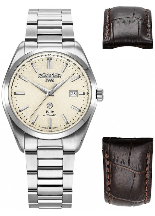 Ceas pentru bărbați Roamer 970983 41 05 20, otel, brățară suplimentară din piele maro, bej