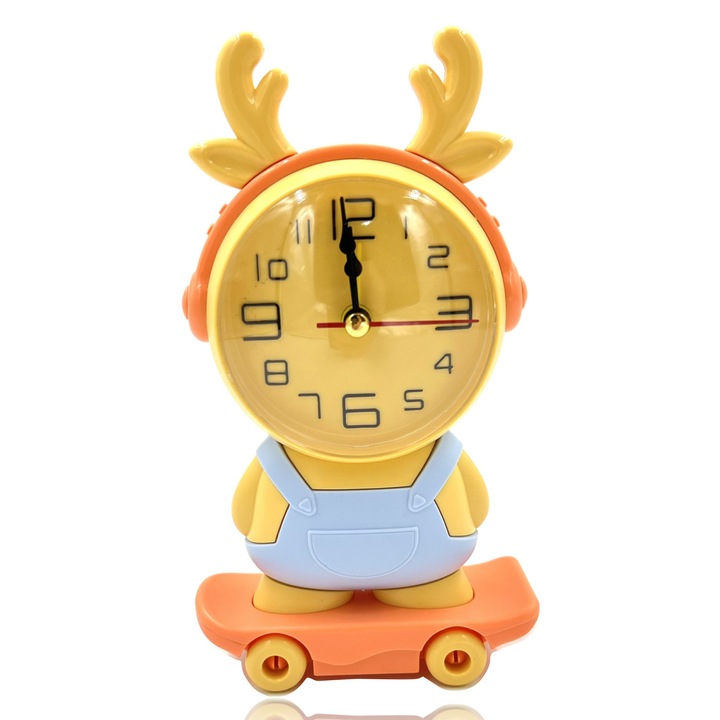 Ceas desteptător copii, Ren pe skateboard, galben, mecanism silentios, cu ascuțitoare