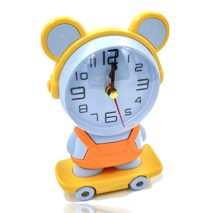 Ceas copii ursulet pe skateboard, albastru, cu ascutitoare, 20x10cm