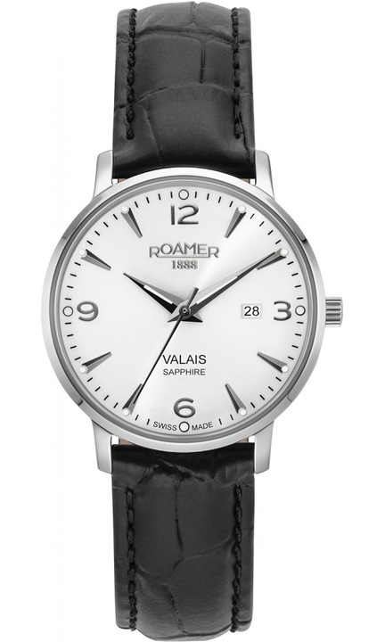 Ceas de dama Roamer Valais, elegant, piele neagra, otel, quartz