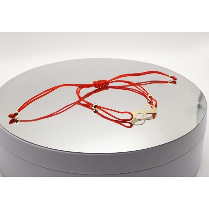 Bratara cu Pandantiv Infinit din AUR 14K 585, snur rosu reglabil, aur galben