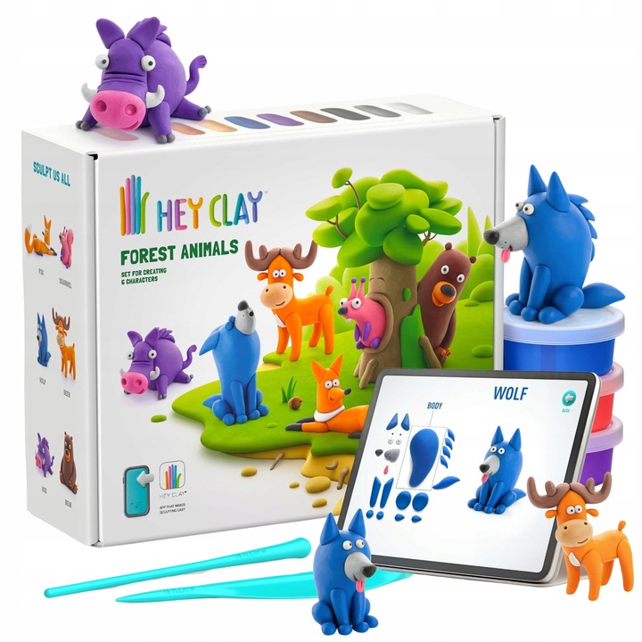 Set plastilină creativă Hey Clay, 15 culori, animale din pădure, multicolor
