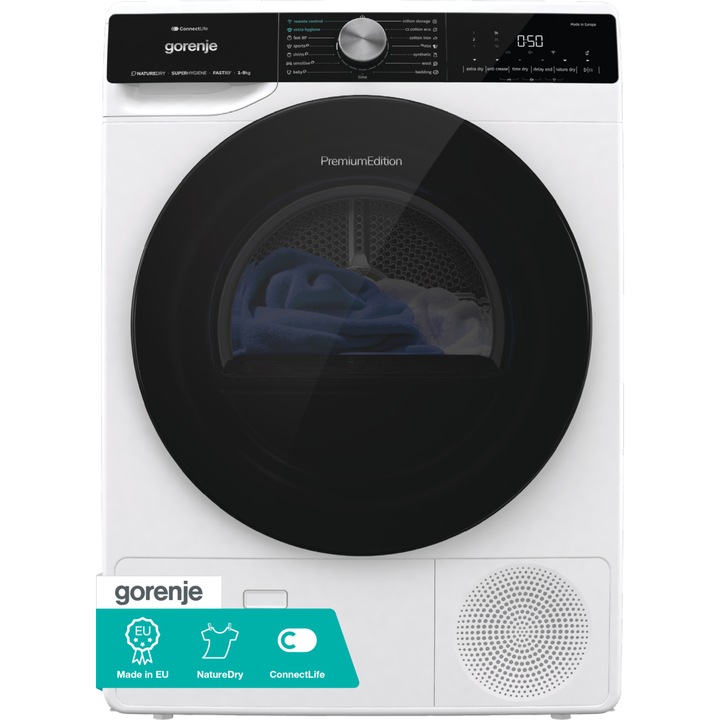Uscator de rufe Gorenje DNS93, clasa C, pompa de caldura, 9 kg, 15 programe, Wi-Fi, alb