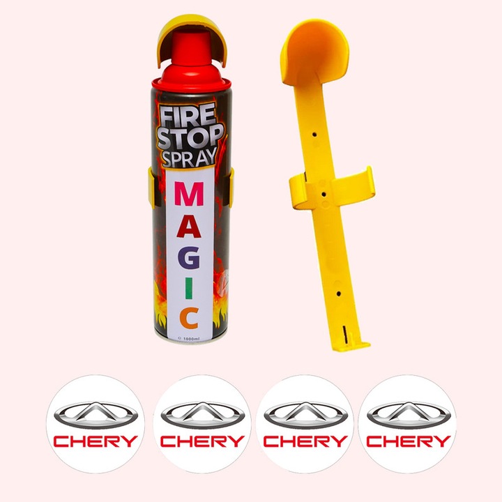 Stingator extinctor spray cu suport de prindere, Auto, Birou, Locuinte, Spatii Comerciale, Magic, capacitate 1000 ml, 4 Stickere auto cu Chery