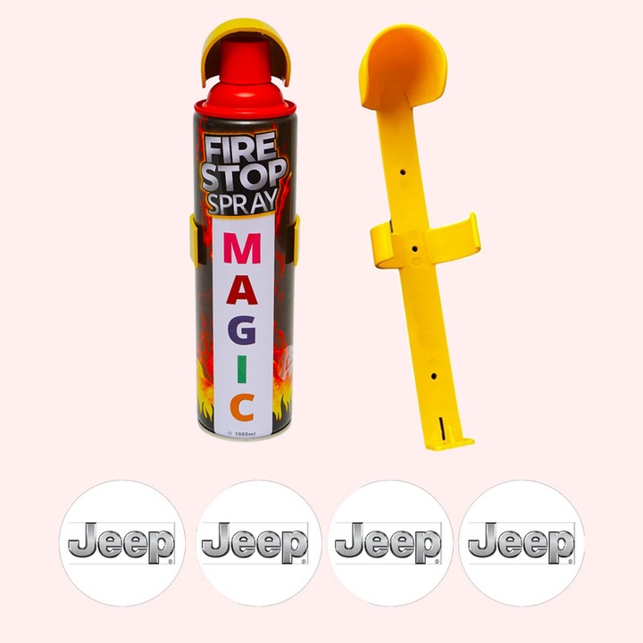 Stingator extinctor spray cu suport de prindere, Auto, Birou, Locuinte, Spatii Comerciale, Magic, capacitate 1000 ml, 4 Stickere auto cu Jeep
