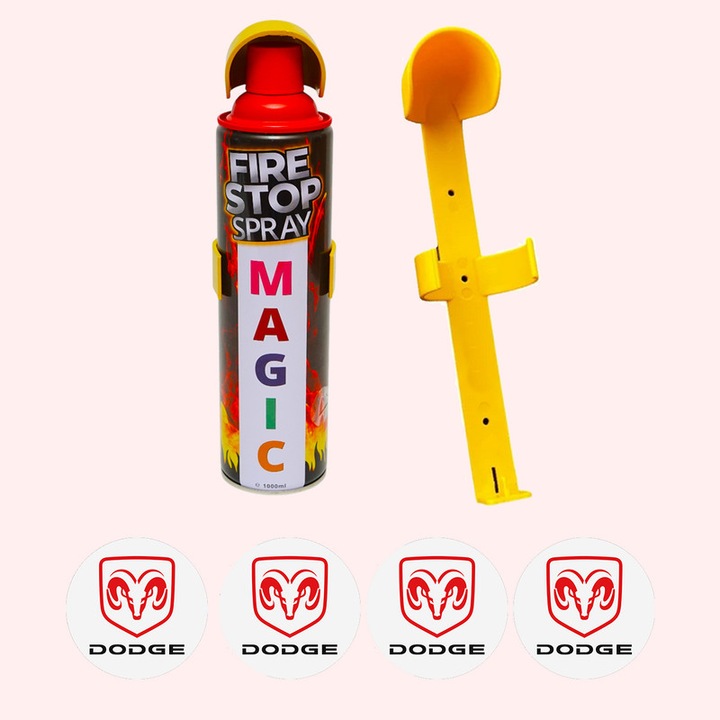 Stingator extinctor spray cu suport de prindere, Auto, Birou, Locuinte, Spatii Comerciale, Magic, capacitate 1000 ml, 4 Stickere auto cu Dodge