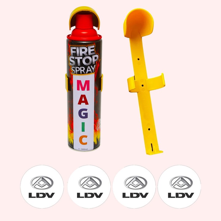 Stingator extinctor spray cu suport de prindere, Auto, Birou, Locuinte, Spatii Comerciale, Magic, capacitate 1000 ml, 4 Stickere auto cu Ldv