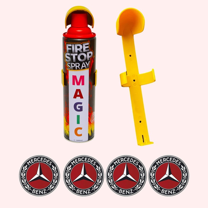 Stingator extinctor spray cu suport de prindere, Auto, Birou, Locuinte, Spatii Comerciale, Magic, capacitate 1000 ml, 4 Stickere auto cu Mercedes-Benz