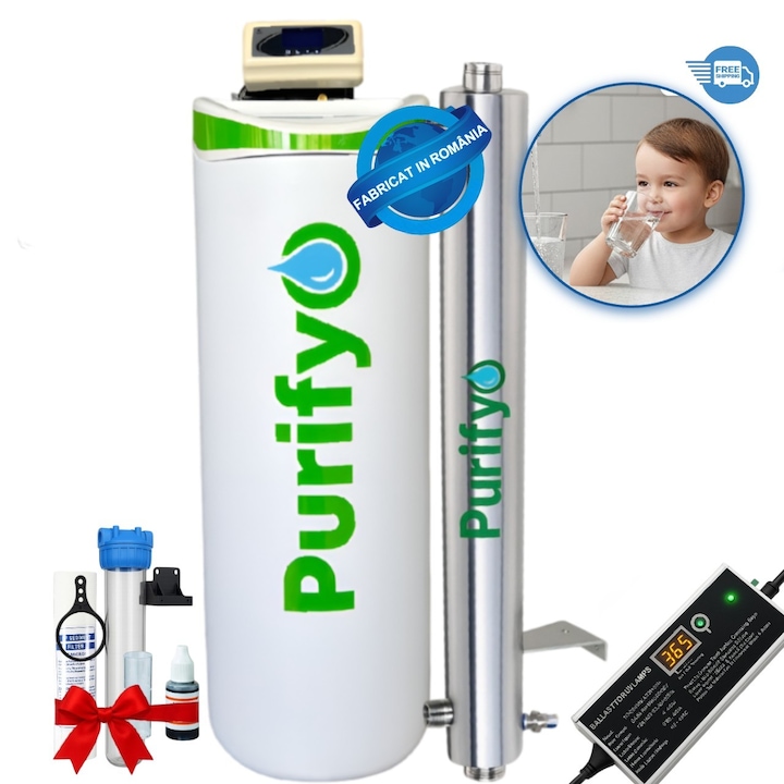 Statie de dedurizare 5-8 pers. si Sterilizator apa UV-55W, Filtru de apa cu counter pentru eliminarea bacteriilor, Purifyo® Dedurizator 26l rasina, reduce duritatea apei de la 55 grade germane, reglare duritate finala apa, Sisteme profesionale si compacte
