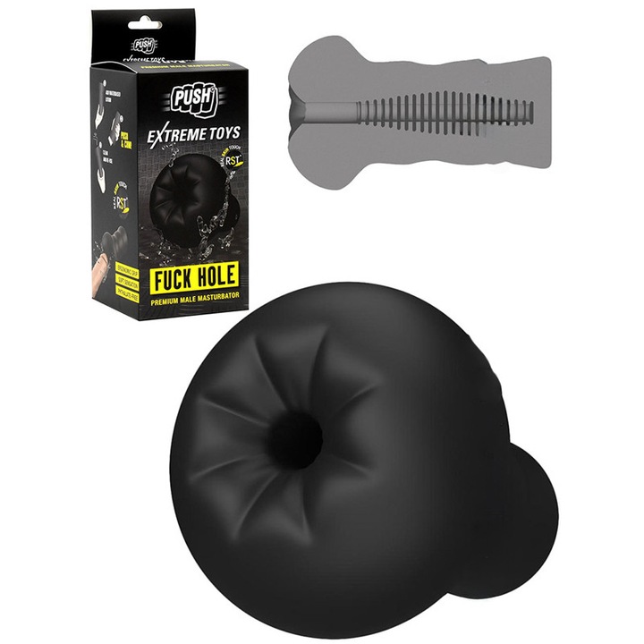 Masturbator Push F*ck Hole Black, Real Skin, 15cm, design rizuri, negru