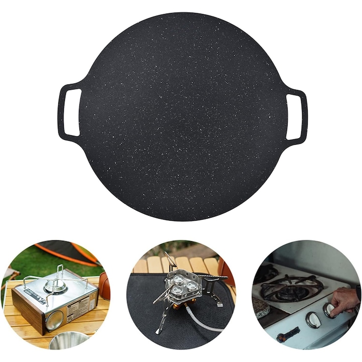 Plită rotundă antiaderentă cu mânere, 36 cm, negru, set vesela bucătărie pentru exterior