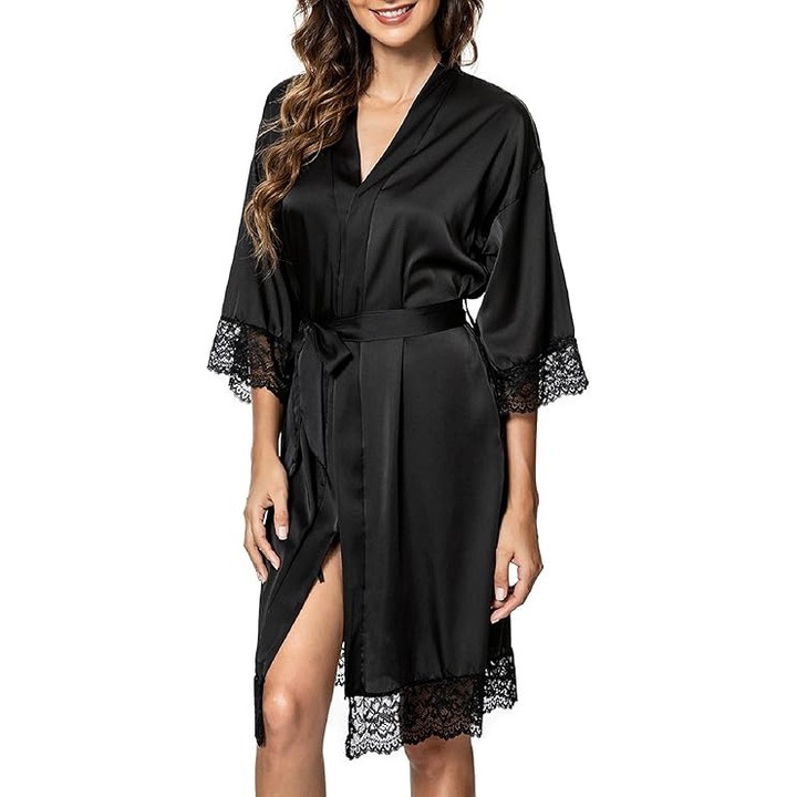 Halat de baie din satin pentru femei, negru, dantelat, L