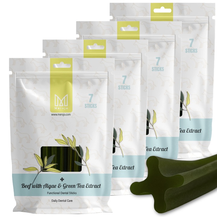 Gustare dentara pentru caini Dental Sticks Mersjo Vita Alge Ceai Verde 28 buc