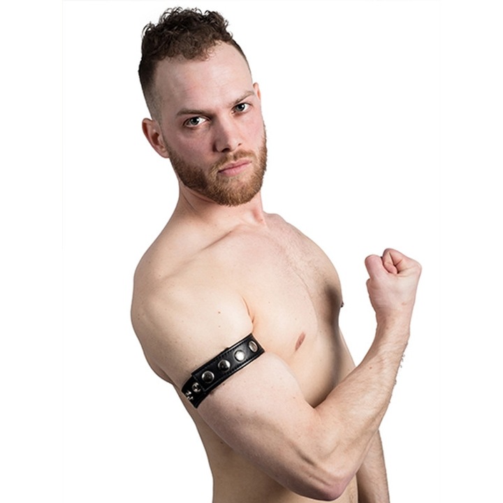 Banda piele biceps, Leather Armband Snap Studs, piele naturala, cu capse metalice, reglabila, neagra