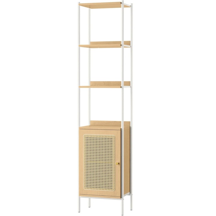 Biblioteca cu 6 etaje, cadru metalic, usa cu efect ratan Boho, 30x40x175 cm, alb si bej