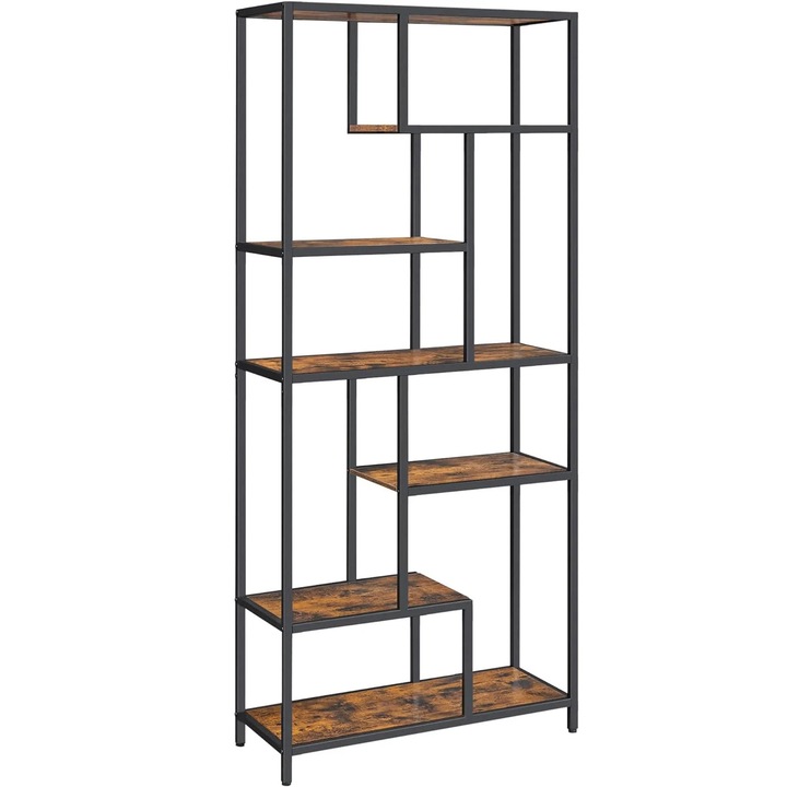 Biblioteca cu forma geometrica, pe 6 nivele, stil industrial, 30x80x180cm, maro rustic si negru