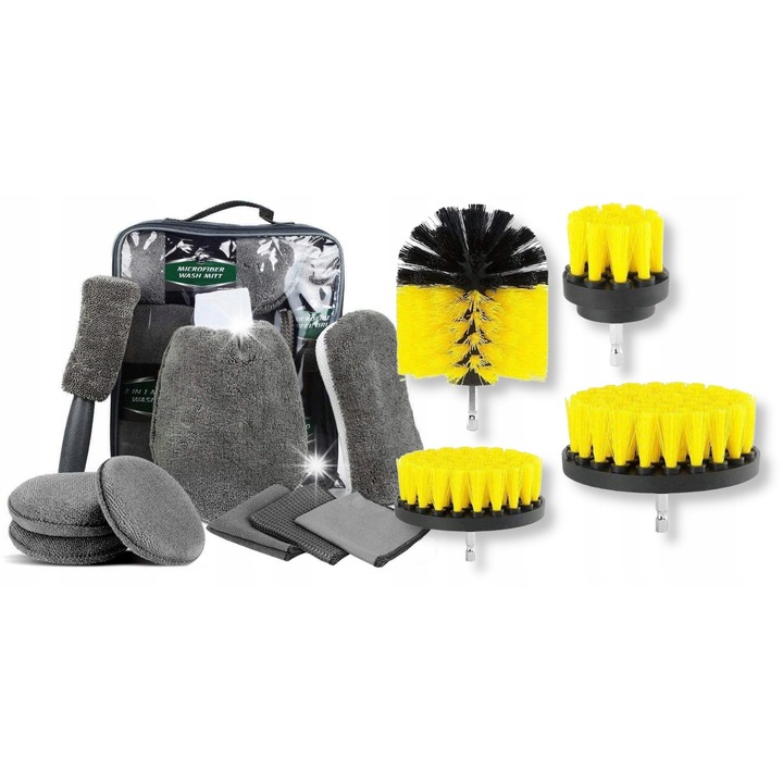 Set de curatare auto, 13 piese, perii, bureti, lavete, compatibil cu orice masina