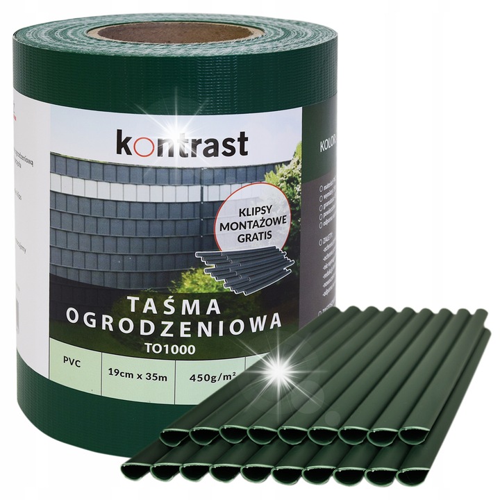 Banda de ingradire verde, 35m x 19cm, cu clipsuri, rezistenta la UV, 450g/m²