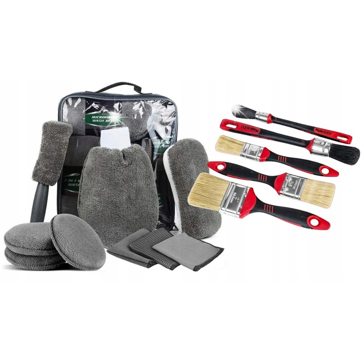 Set de curatare auto 13 piese, perii detaliere, lavete microfibra, diverse aplicatii