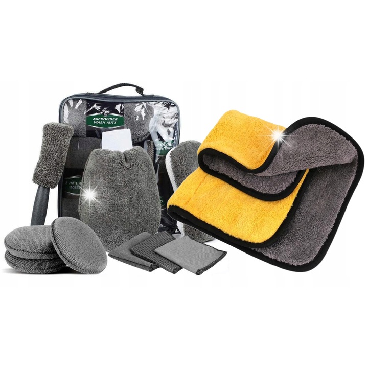 Set de curatare auto, 9 piese, bureti, perii, lavete