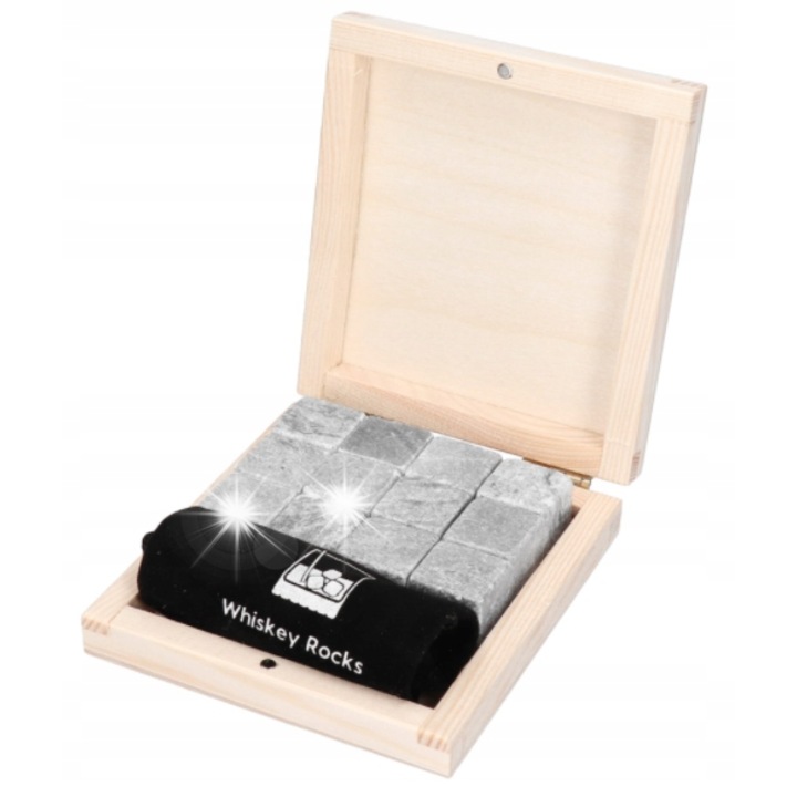 Комплект 12 охлаждащи камъка от стеатит, дървена опаковка, сив