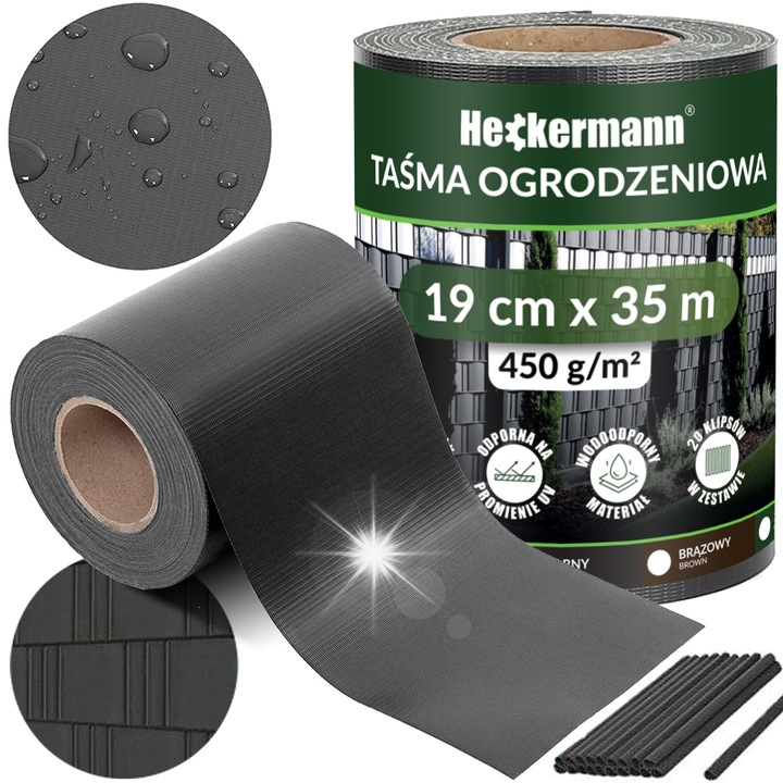 Tasma ogrodzeniowa, 19x35m, rezistenta la UV, neagra, 20 clipsuri montaj