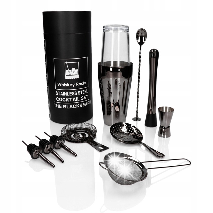 Set barman pentru bauturi, 11 elemente, negru lucios, in tub de prezentare