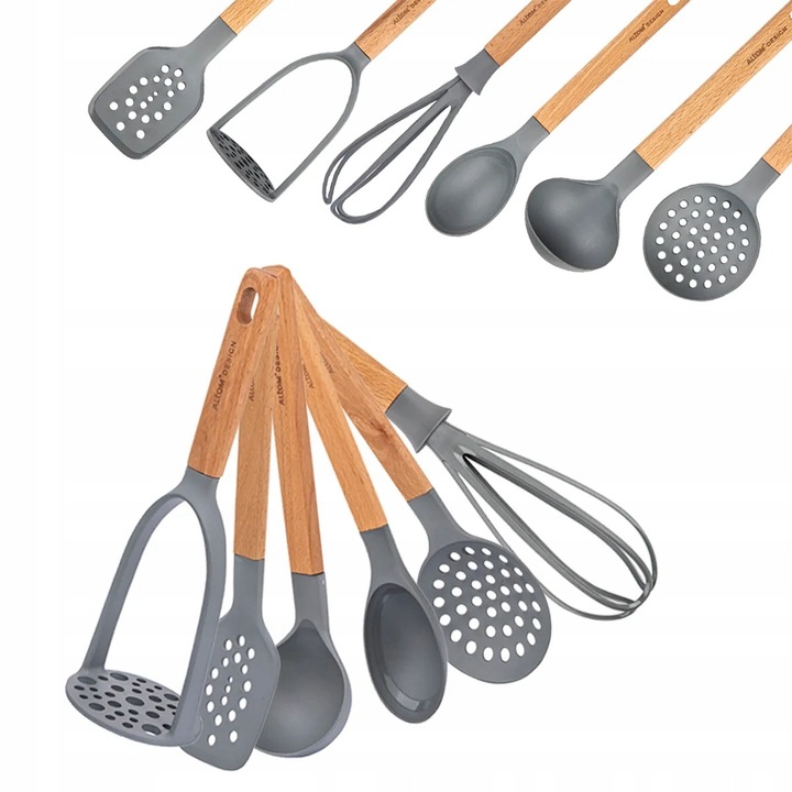 Set ustensile de bucătărie, Altom Design, 6 piese, gri/maro, rezistent la temperaturi înalte, manere din lemn