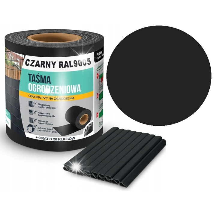 Banda de gard Linarem, 19cmx35m, rezistenta la UV, neagra, set cu 20 de clipsuri