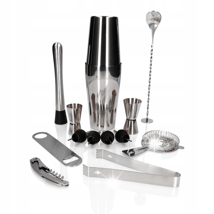 Set barman 14 elemente, shaker Boston, inox, accesorii cocktailuri